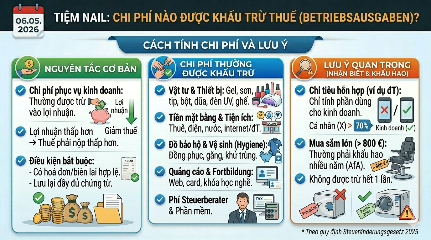 Tiệm nail: Chi phí nào được khấu trừ thuế (Betriebsausgaben)?