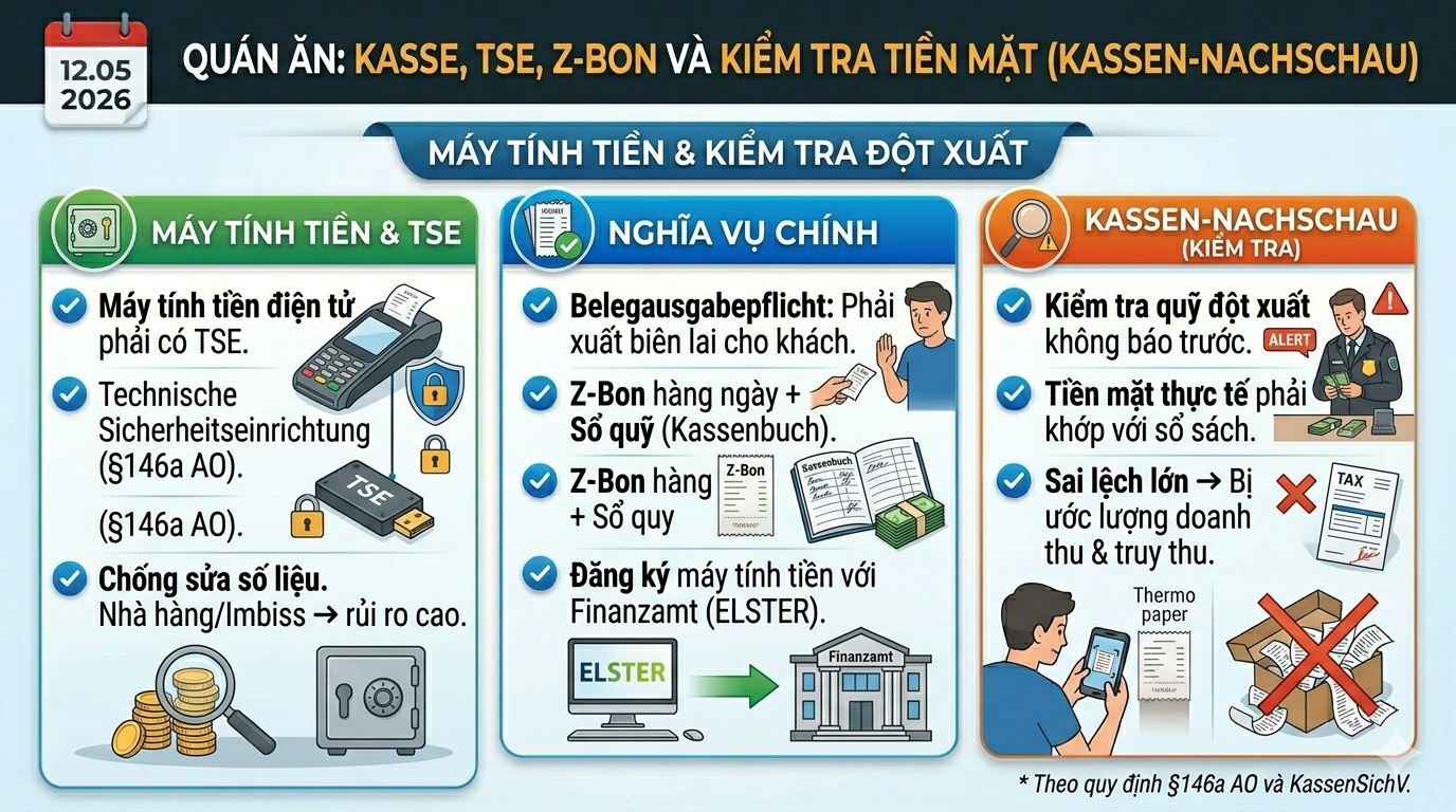 Quán ăn: Kasse, TSE, Z-Bon và kiểm tra tiền mặt (Kassen-Nachschau)
