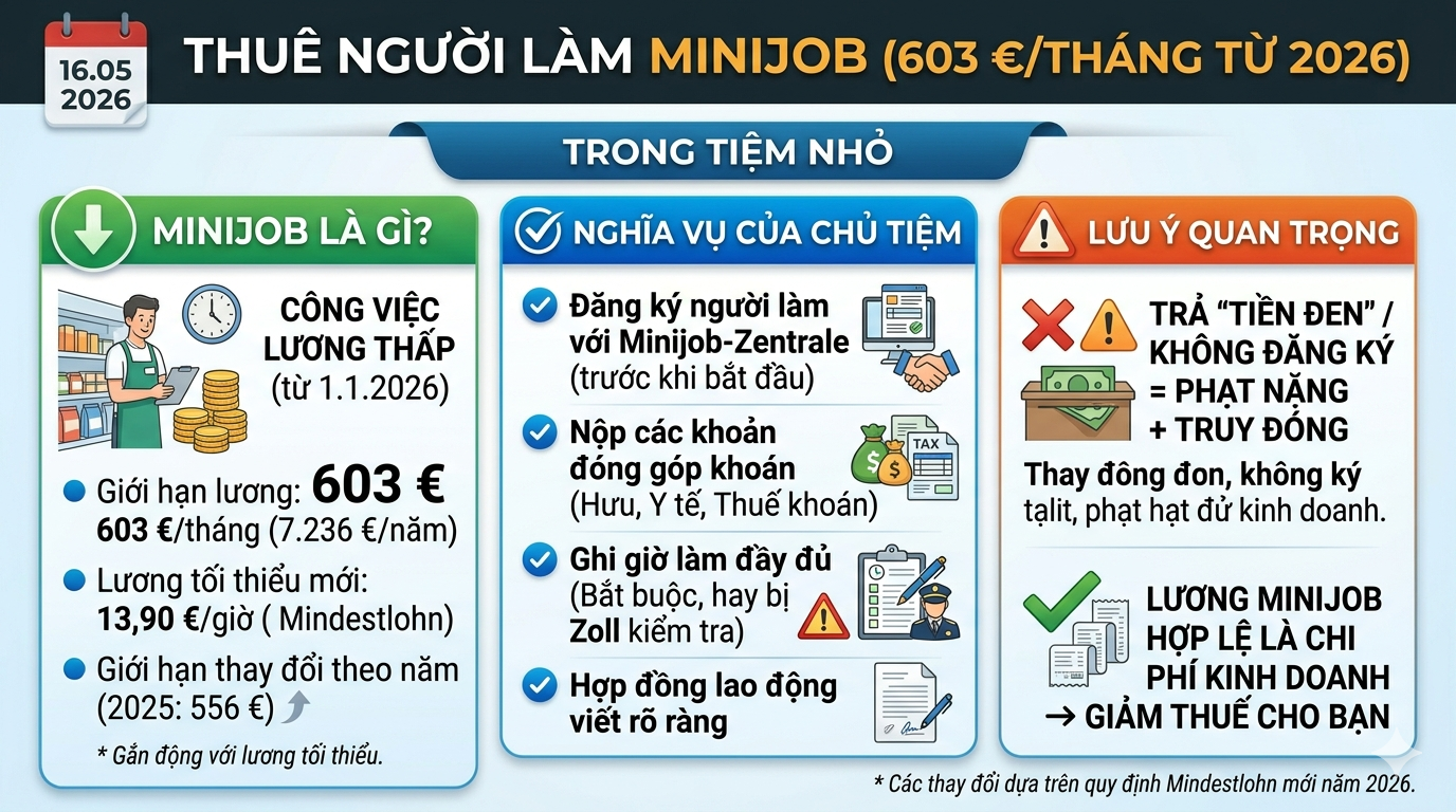 Thuê người làm Minijob (603 €/tháng từ 2026) trong tiệm nhỏ